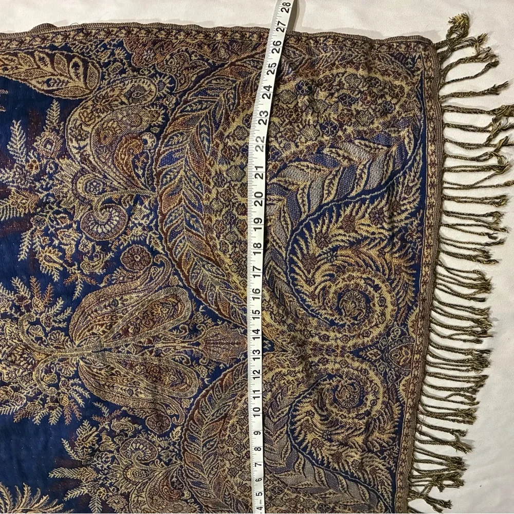 Blue and Gold Paisley Shawl Reversible With About 12” Sewn Down Side For Options